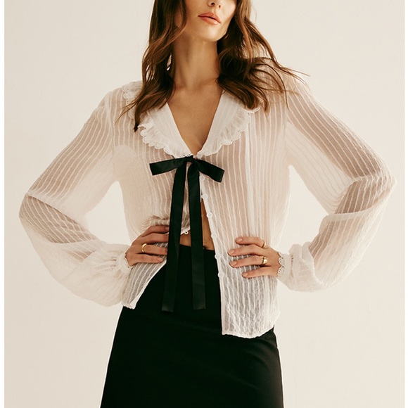 Commense Ruffle Neck Pinstripe Semi-Sheer Shirt - Picture 2 of 3